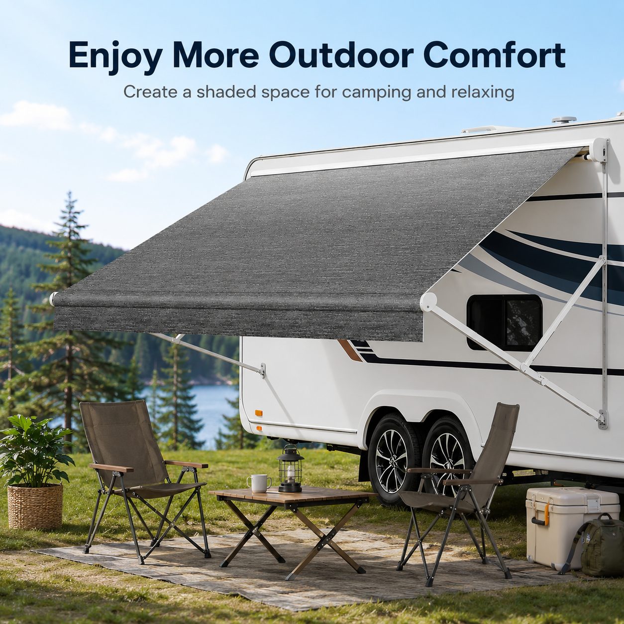Rovance gray RV awning fabric installed on an RV at a lakeside campsite