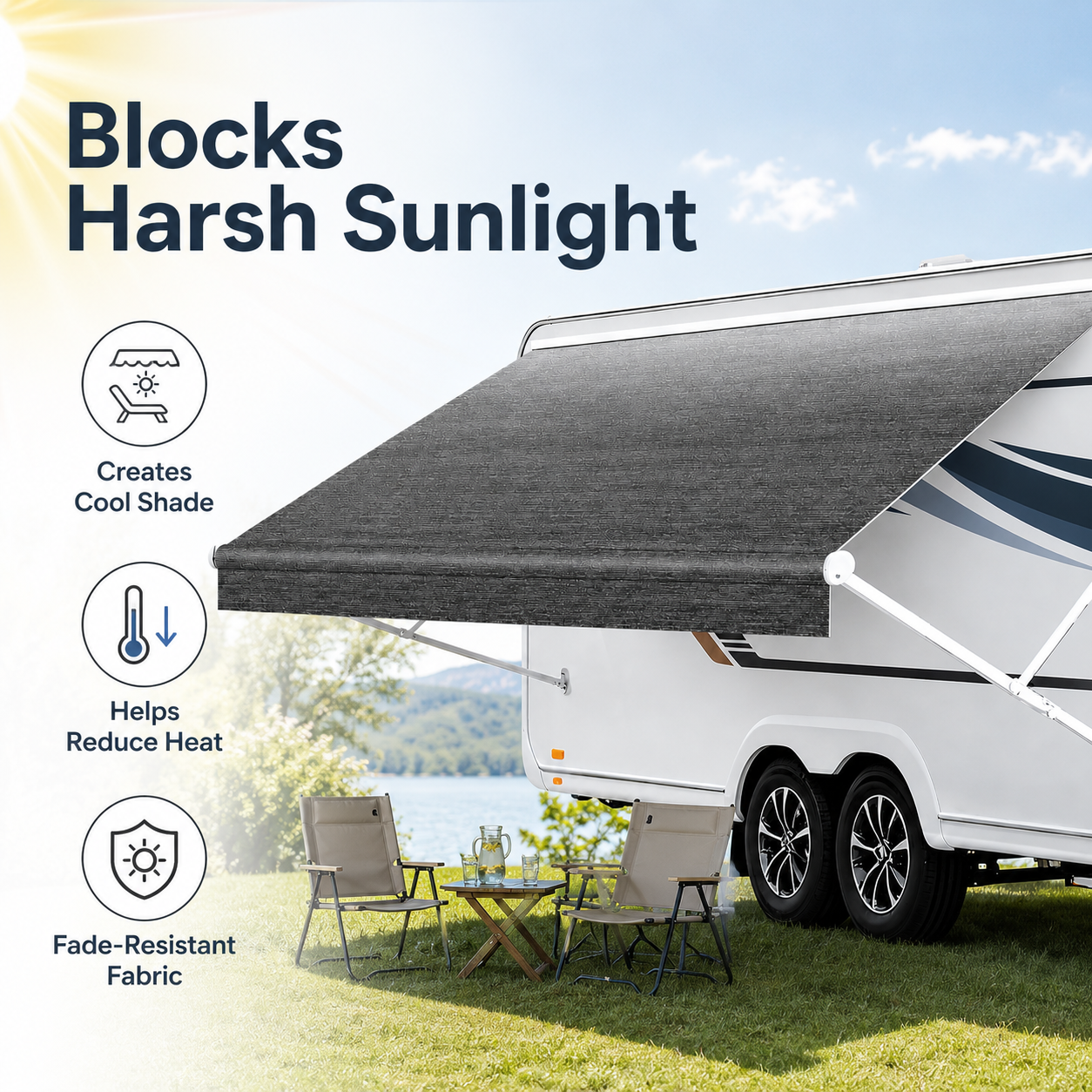Rovance awning fabric blocking sunlight and creating shade