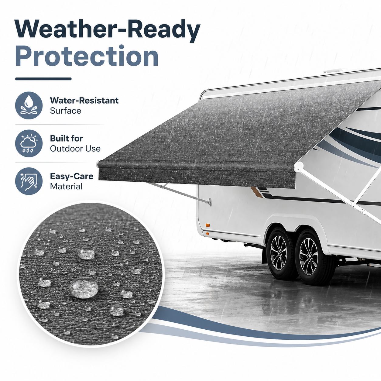 Water-resistant Rovance awning fabric with water droplets