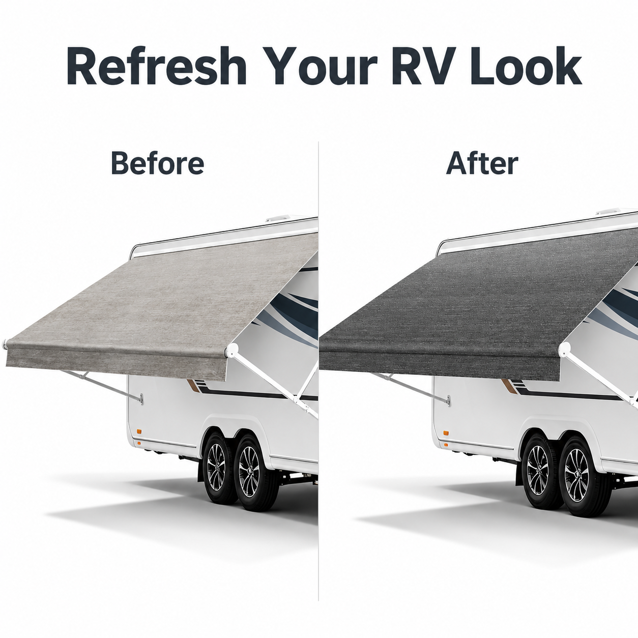Before and after view showing an RV awning refreshed with Rovance gray fabric