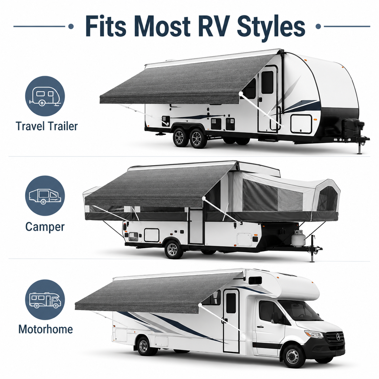 Rovance awning fabric shown on travel trailer, camper, and motorhome styles
